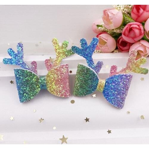 2PCS Felt Fabric Glitter Colorful Rainbow Bow Elk Applique DIY Sewing Patch Girls Hair Bow Accessories DIY Craft Supplies SE385