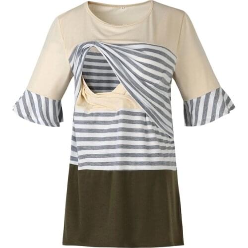2020 new European and American hot style pregnant women striped stitching short-sleeved breastfeeding top T-shirt