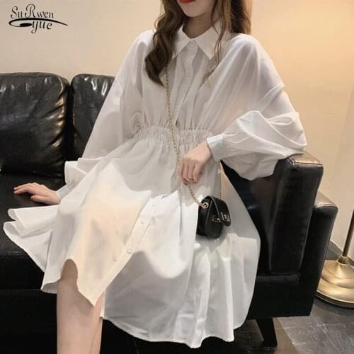 2021 Spring Lantern Sleeve Shirt Dress Casual Vintage Plus Size Dress Women Turn Down Collar Button Party Dresses Women 13491