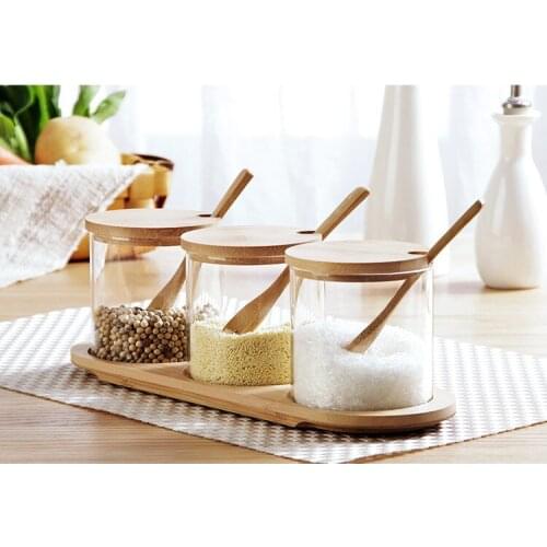 3pcs/lot Glass Seasoning Tank Box Sugar Cans Seasoning Jar Multi-Purpose Spice Container Box With Bamboo Spoon & Rack JO 1063