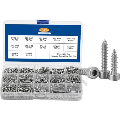 372Pcs/Box Cylindrical Head Hexagon Socket Self Tapping Screw Set 304 Stainless Steel Cup Head Screw Assortment Kit