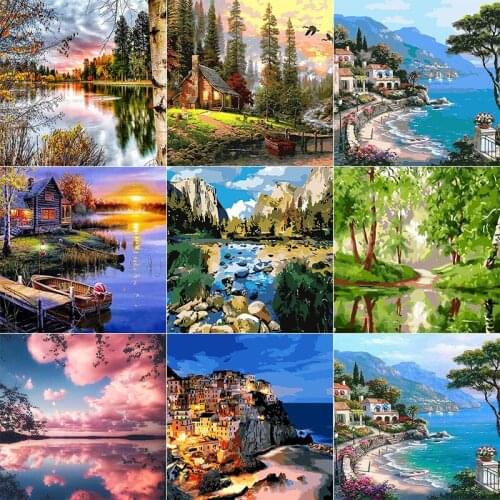 DIY Diamond Painting Landscape Sunset Lake Mountain Full Drill Embroidery Scenery Mosaic Art Picture Rhinestone Home Decor Gift