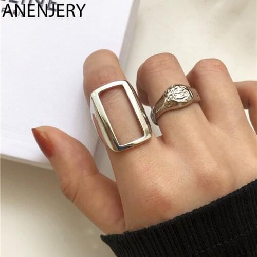 ANENJERY 925 Sterling Silver Exaggerated Hollow Rectangular Opening Ring for Women Irregular Surface Ring Jewelry S-R860