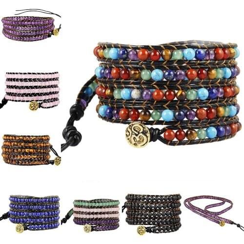 SUNYIK Crystal Wrap Bracelet Boho Black Leather 5 Multilayer 4mm Beads Handmade Braided Bangle for Women Men