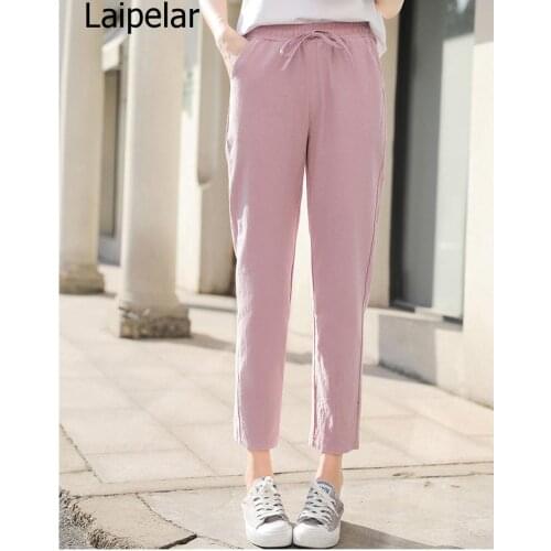 Womens Spring Summer Pants Cotton Linen Solid Elastic Waist Candy Colors Harem Trousers Soft High Quality For Female Ladys