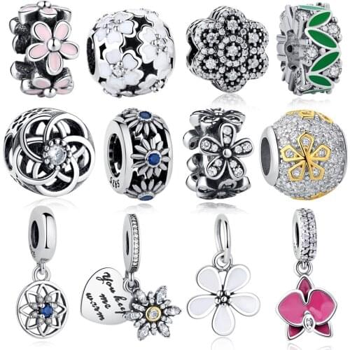 Authentic 925 Sterling Silver Bead Charms Daisy Cherry Blossom Flower Beads Fit Original Charm Bracelets DIY Jewelry