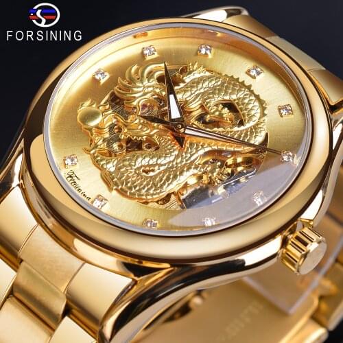 Forsining Golden Dragon 3D Craft Transparent Automatic Watch Rhinestone Self-Wind Mechanical Steel Strap Male Watches Drop Ship