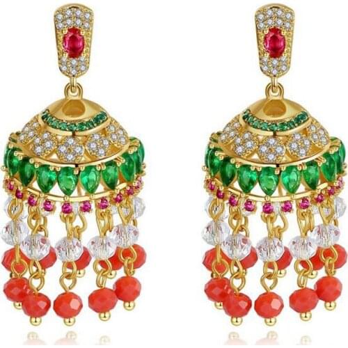 Indian Jhumka Ethnic Beads Tassel Drop Dangle Earrings Women Rhinestone Gold Bells Jhumki Retro Gypsy Bridal Bollywood Jewelry
