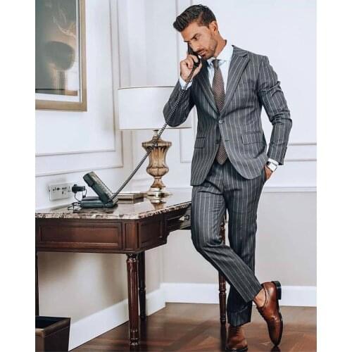 Handsome Pinstripe Mens Tuxedos Slim Fit Two Pieces Wedding Suits Prom Party Business Outfit (Jacket+Pants)