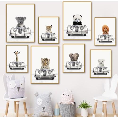Cute Alpaca Giraffe Elephant Koala Panda Car Wall Art Canvas Painting Nordic Posters And Prints Wall Pictures Kids Room Decor
