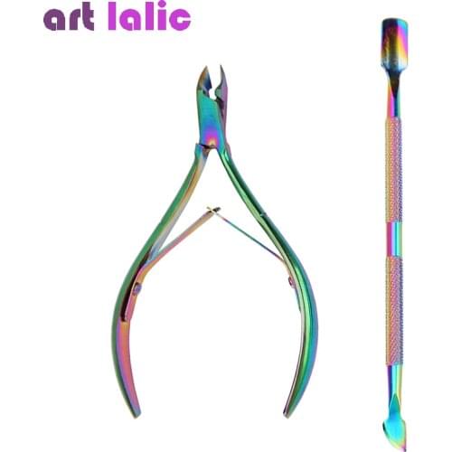 Set of 2 Nail Art Manicure Pedicure Tools Stainless Steel Cuticle Nipper Scissor + Dead Skin Pusher Files Titanium Color
