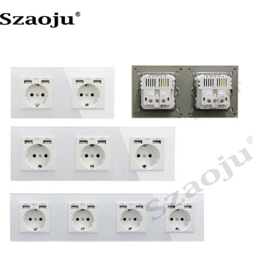 Szaoju wall socket Dual USB 2.1A Wall charger socket,German Bayer base AC110-250V Schuko plug,Multiple Tempered glass panel 16A