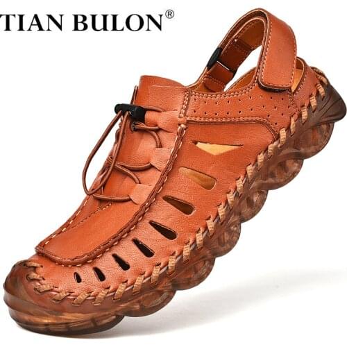 Handmade Mens Sandals Leather Summer Breathable Men Casual Shoes Non-slip Outdoor Mens Moccasins Roman Slippers Plus Size 38-46
