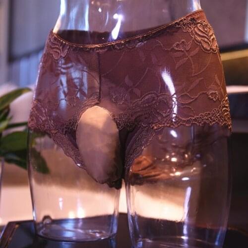 Sexy Men U Convex Pouch G-string Lace Sheer See Through Cock Socks Pouch Briefs Sexy Thong Open Crotch Plus Size Gay Wear F12