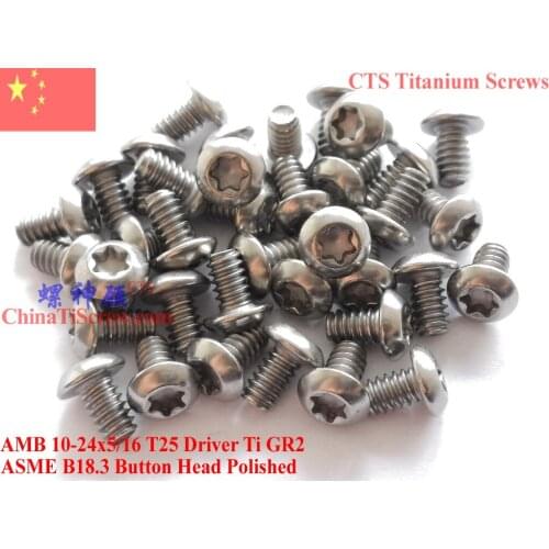 Titanium screws 10-24x1 Button Head Torx T25 Driver Ti GR2 POlished 50 pcs