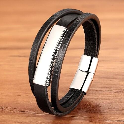 TYO Wholesale Men Braided Stainless Steel Leather Bracelet armband Black Color with Magnetic Clasp Multilayer Elegant Bracelets
