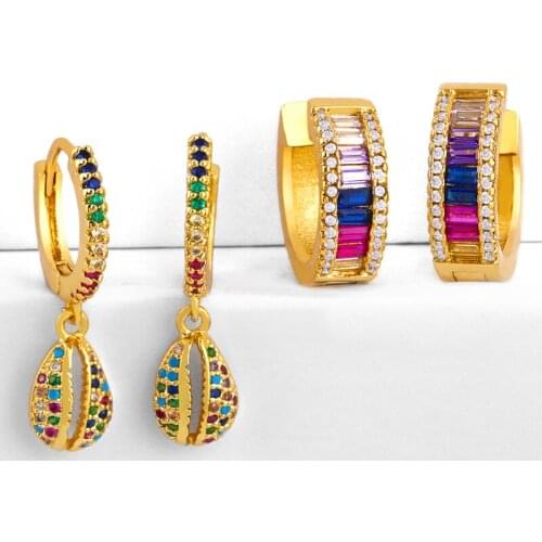 Gold Shell Stud Earrings For Women Stone Cute Rainbow Circle Earrings Crystal CZ Cubic Zirconia Round Fashion Jewelry ersr90