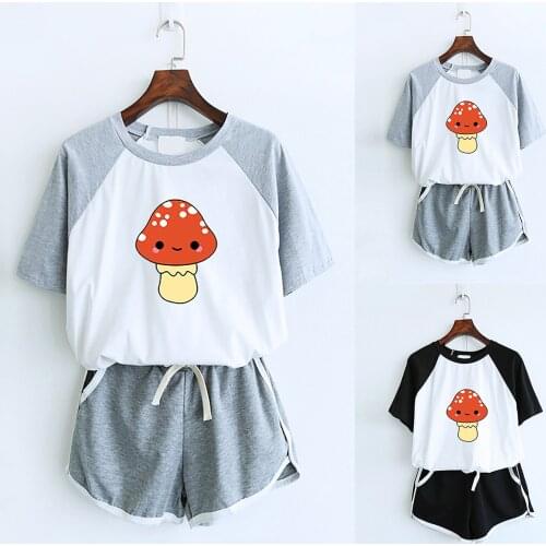 Women Two Piece Drop Sleeves Set Color Matching Sports Home Wear Casual Outfit Summer Kawaii Mushroom Face Printed Sportswear