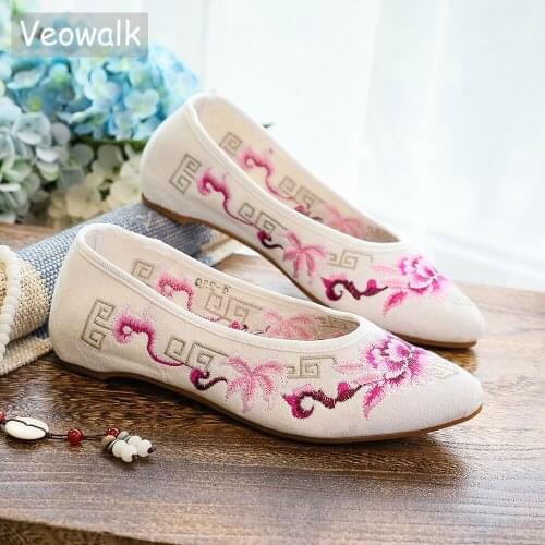 Veowalk Jacquard Cotton Embroidered Women Pointed Toe Ballet Flats Vintage Ladies Soft Canvas Slip on Working Shoes for Teacher
