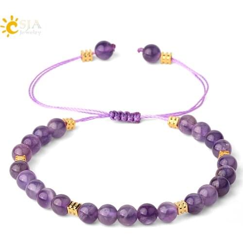 CSJA 6mm Natural Stone Strand Bracelets Purple Crystal Lapis Quartz Bead Braided Rope Adjustable Women Men Fashion Bracelet G544