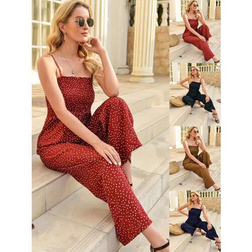 Women Polka Dot Jumpsuit High Waist Rompers Boho Yellow Spaghetti Strap Wide Leg Pant One Piece Overalls Female Summer Jumpsuits