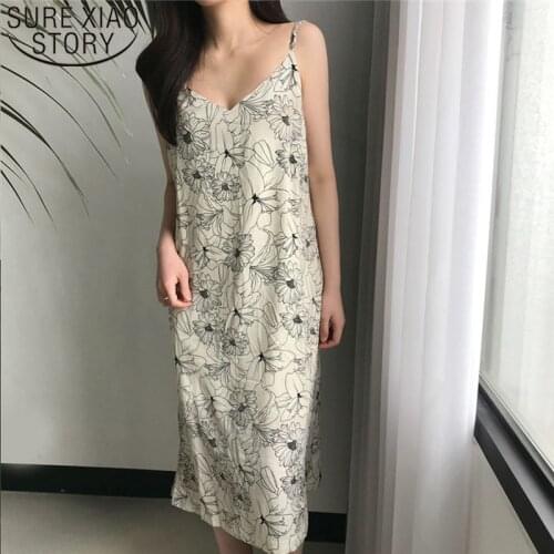 Spaghetti Strap Backless 2020 Summer New Women Sundress Sexy Vintage Print V-Neck Loose Beach Style Flowers Long Dress 8786 50