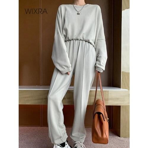 Wixra 2021 Spring Autumn Womens Casual Sets O Neck Pullover Sweatshirts Tops+Elastic Waist SweatPants Solid Loose Basic Suits