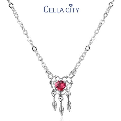 Cellacity Silver 925 Necklace for Women Fine Jewelry Heart shaped Pendant Ruby Clavicle Chain Dream catcher Feather Sweet Gifts