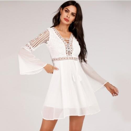 Sexy Womens Dress V-Neck Hollow Out Long Sleeve Mini Chiffon Dress Elegant Ruffle Boho Draw String Dress Casual Lace Vestido