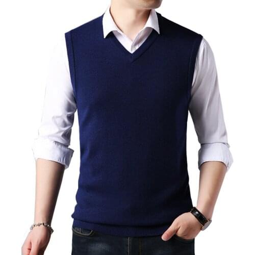 2021 Autumn Winter V-neck Knit Sweater Vest / Male Fashion Thick Mens High Quality Solid Color Sleeveless Warm Wool Waistcoat