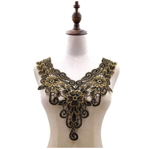 1Piece Lace Applique Collar Neckline Motifs Black Golden Trim Wedding Dress Embroidery Sew DIY