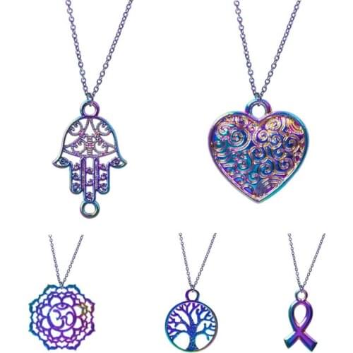 1pcs Vintage Necklace Rainbow OM Charm Pendant Necklaces For Women Men Jewelry Pattern Heart Fatima Hand Necklaces Choker Friend