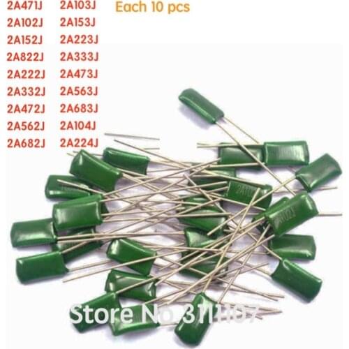 180PCS/LOT 2A104J 2A332J 2A472J 2A103J 2A333J 2A473J 2A563J 2A223J 18value*10pcs Polyester film capacitor Assorted Kit