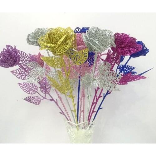 20pcs Artificial Glitter Powder Rose Flower For Flower Arrangement Accessories Wedding Christmas Party Home Garden Decoration