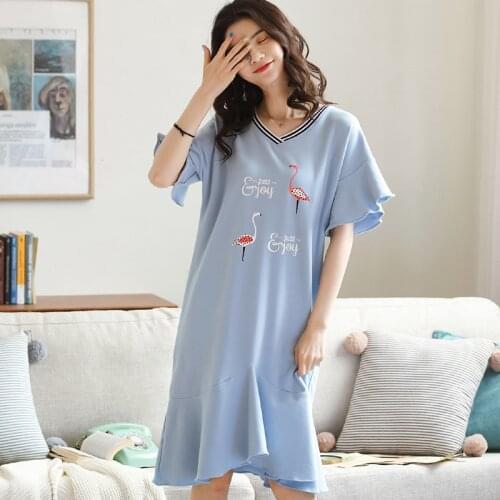 2021 Summer Plus Size Short Sleeve Cotton V-neck Nightgowns Women Cute Cartoon Sleepwear Night Gown Nightdress Home Dress Nighty