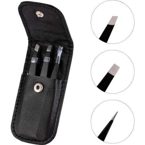3 PCS/Set Eyebrow Tweezers Stainless Steel Point Tip/Slant Tip/Flat Tip Hair Removal Makeup Tools Accessory with Black Bag Case