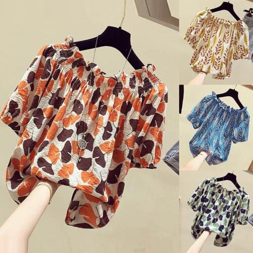 Spring Summer 2021 Women Fashion Blouses Women Casual Cold Shoulder Printed Short Sleeve Loose Chiffon Tops Bluzka Damska