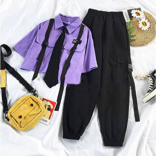 Egirl Pants Set Women Punk Harajuku Cargo Pants Waist High Streetwear Ribbon Trousers Short Sleeved Shirt with Tie Teens Clothes