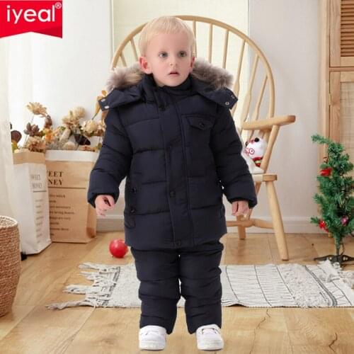 IYEAL Children Boys Winter Down Cotton Jacket And Jumpsuit for Kids Baby Thicken Warm Real Fur Collar Coats For Girls Snowsuit