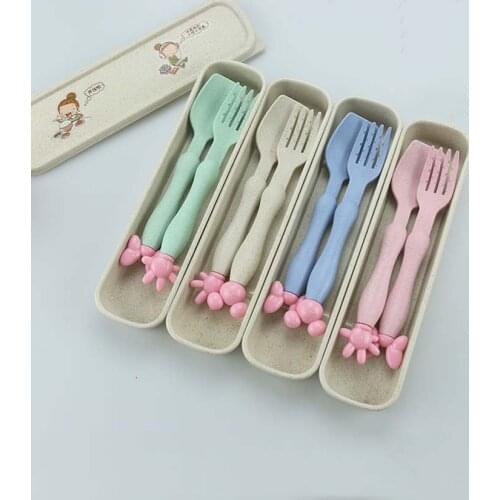 Cartoon Baby Feeding Set Children Travel Portable Wheat Spoon Fork Set Baby Food Dishes Feeding Spoon Feeding Children Newborn