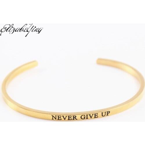 NEVER GIVE UP Gold Stainless Steel Engraved Positive Inspirational Quote Cuff Mantra Bracelets Bangles for Women 1pcs/lot