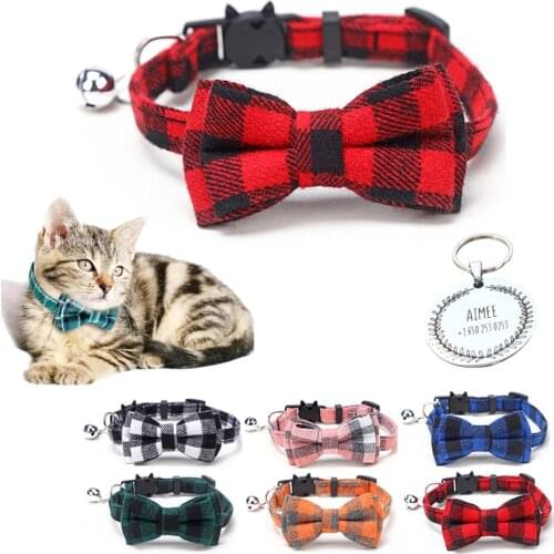 2pieces Personalized ID Tag Nameplate Cat Collar Breakaway Necklace Bowtie Bell Plaid Cotton Kitty Small Dog Collar Adjustable