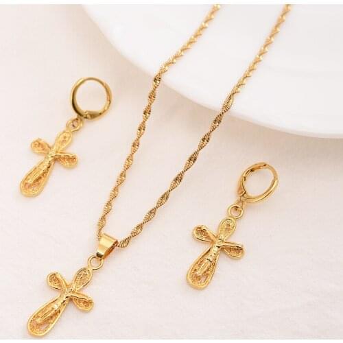Jesus Cross Pendant Necklaces Earrings 18 k Fine Yellow Gold Filled Egyptian Sets Women Egypt Hieroglyphs Charm Jewelry