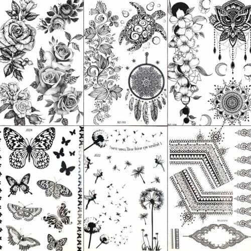 FANRUI Butterfly Owl Chians Pendant Black Henna Temporary Tattoo Sticker Mehndi Fake Tatoo Waterproof Body Art Arm Tattoo DIY