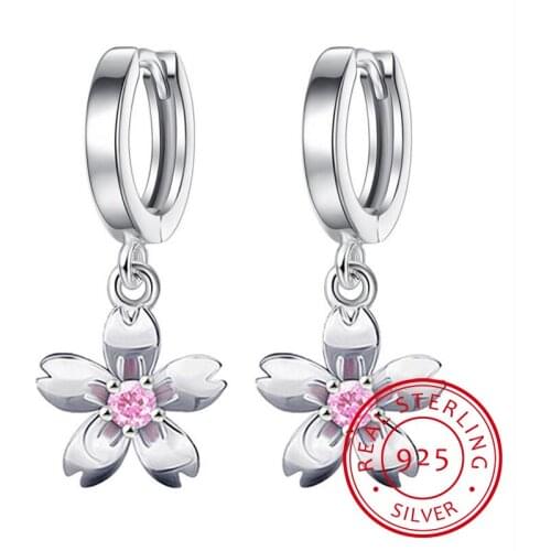 Fashion Child 925 Silver Pink Zirconia Cute Flower Hoop Earrings Girl Women Beautiful Huggies Earring Jewelry Anti-Allergic