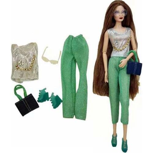 Green 1/6 BJD Clothes For Barbie Doll Clothes Outfit Shirt Top Pants Shoes Bag Glasses 11.5" Dollhouse Accessories Kids Toy Gift
