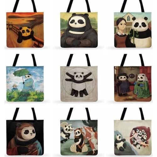 Ladies Shoulder Bag Funny Panda Oil Painting Print Tote Bag For Women Casual Tote Foldable Shopping Bag Outdoor Beach Bags