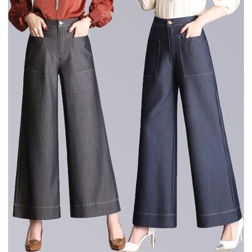 Womens Tencel Cowboy Wide Leg Pants 2018 Spring Summer New Thin Loose High waist Casual Pants Straight pants Trumpet trousers