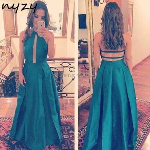 NYZY P15 Satin Dark Green Halter Prom Dresses Long 2019 Backless Satin Dress Formal Dress Women Elegant vestido de festa longo