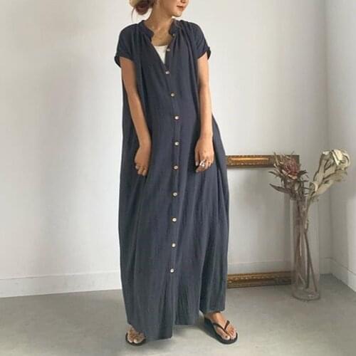 Women Summer Dress Short-sleeved Maxi-length Button Ladies Fashion Dress Korean Style Hot A-line Mid-waist Casual Long Dress